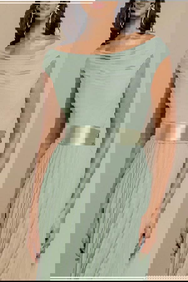 Cowl Neck Pleated A-Line Chiffon Midi Dress - Sage Green DR4501