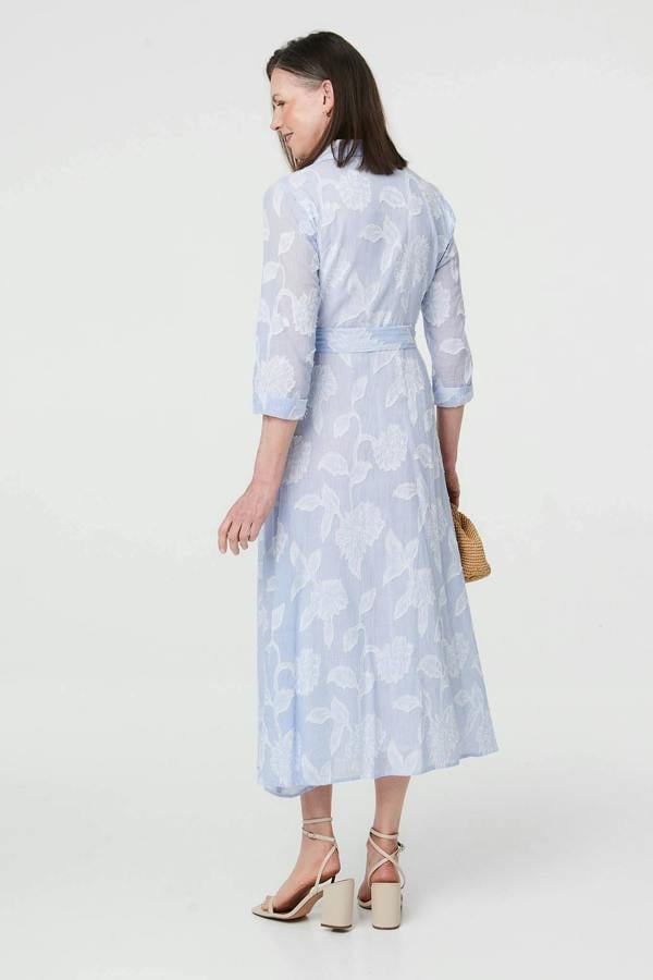 Blue | Floral Textured 3/4 Sleeve Midi Dress
