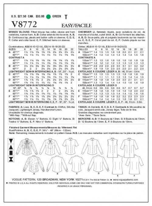 Vogue Sewing Pattern 8772, Shirts, Tops for Women, 6-8-10-12-14 - Easy