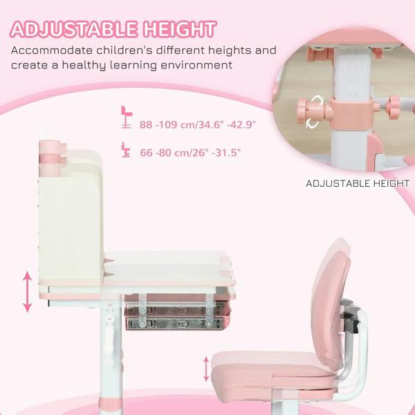Pink kids desk and chair set close-up of height-adjustable legs and chair back