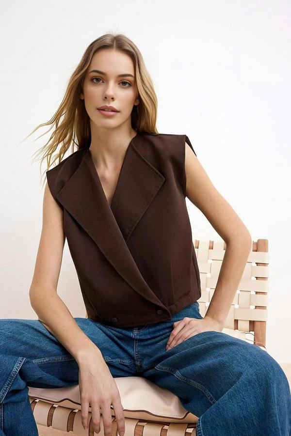 WOVCOR Jacket Collar Waist Stopper Detail Woven Vest