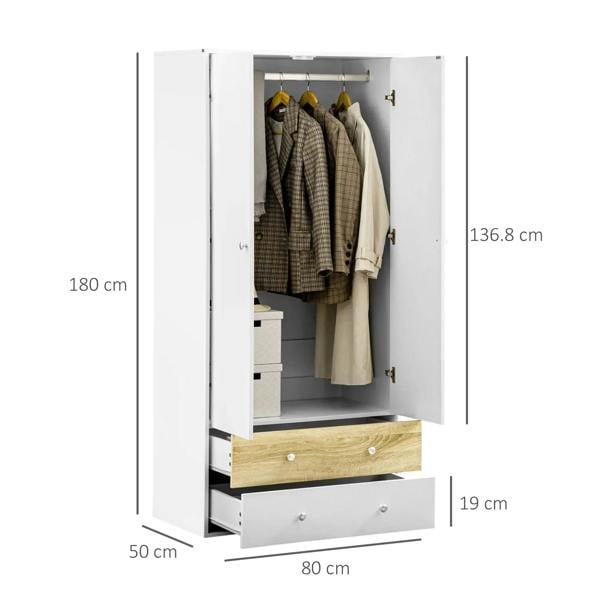 White wardrobe cabinet with hanging rod, inner storage, and two drawers