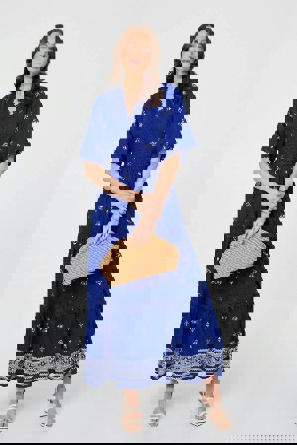 Blue | Border Print 1/2 Sleeve Maxi Dress