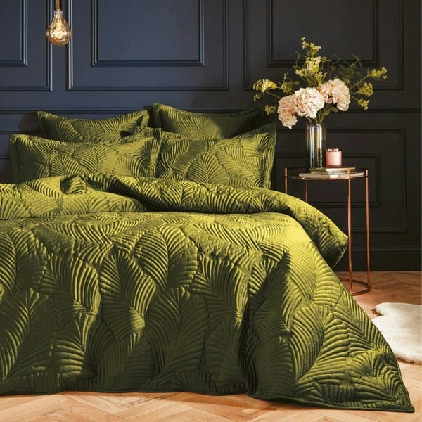 Paoletti Palmeria Velvet Quilted Duvet Cover Set - Moss