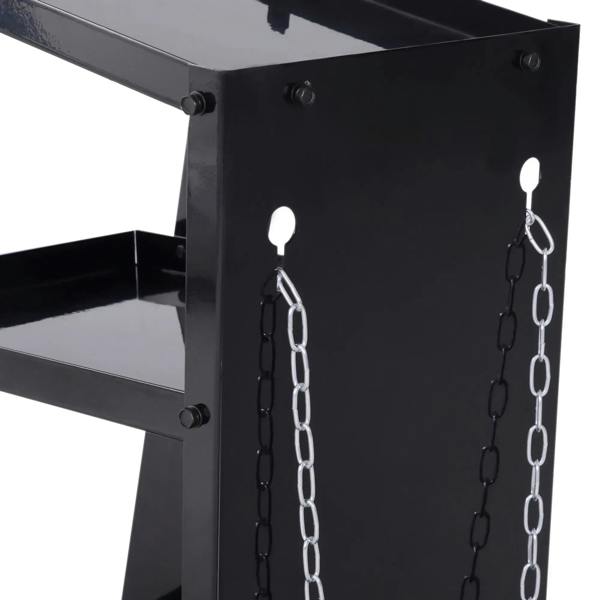 Black metal welding cart side panel with hanging safety chains and hook loops