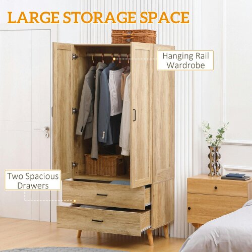 Wyld Haus Corasoro Natural Wood Finish 2 Door Modern Wardrobe With 2 Drawers And Hanging Rail