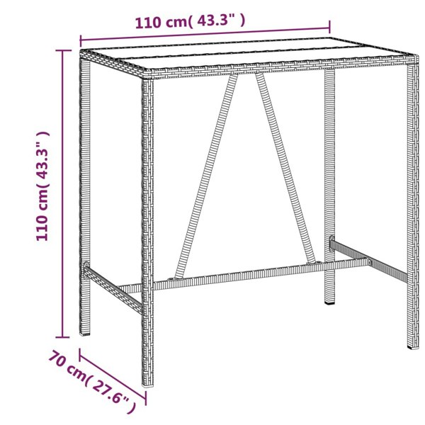 Berkfield Bar Table with Glass Top Grey 110x70x110 cm Poly Rattan