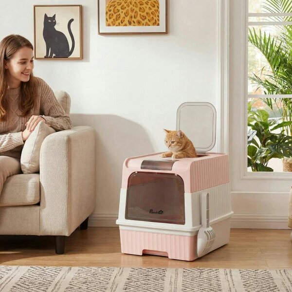 Enclosed Cat Litter Box with Lid, Pull-Out Drawer Tray, Scoop, 2 Deodorisation Bags, Front Entry & Top Exit, Pink - Pink