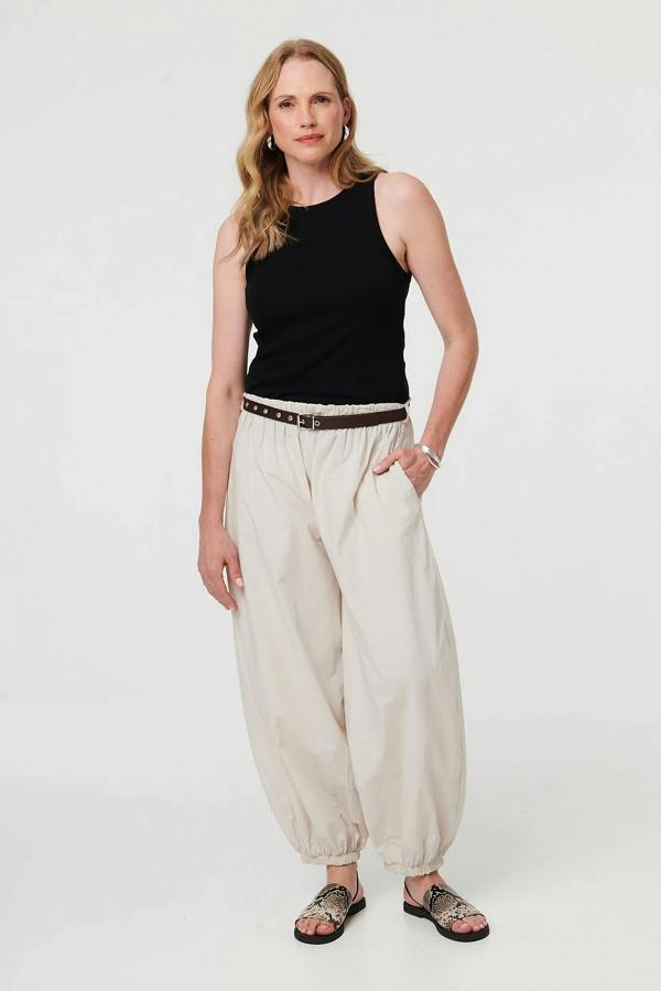 Beige | Belted Relaxed Wide Leg Barrel Trousers