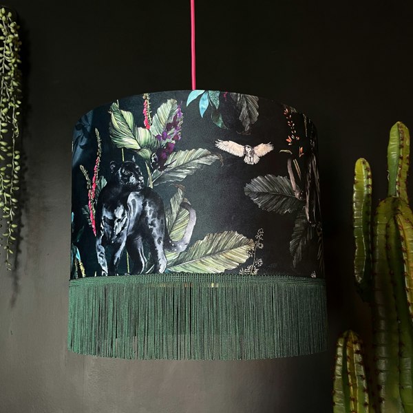 Handmade Fringed Velvet Lampshade in Wild Wood Green and Hunter Green Fringing