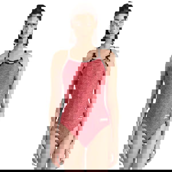 Red and black Arena Abstract Tiles Lightdrop swimsuit with geometric pattern