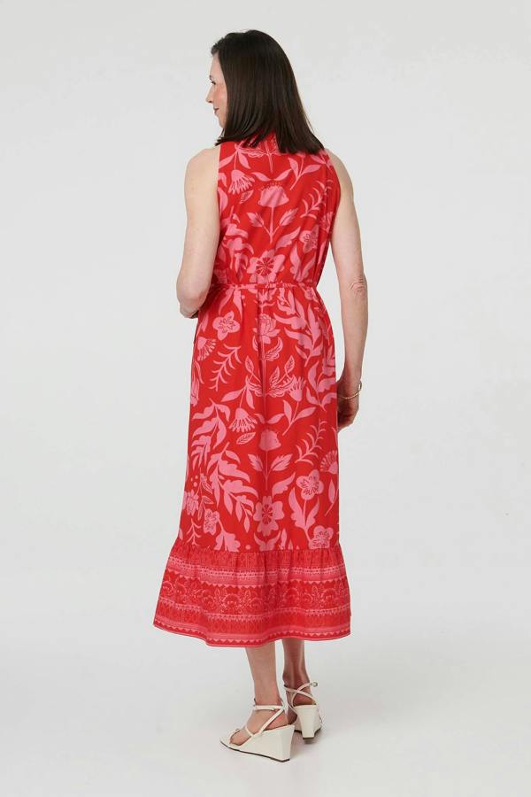 Orange | Floral Tie Waist Sleeveless Midi Dress