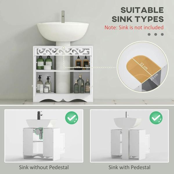 White bathroom vanity storage cabinet with open interior for sink placement