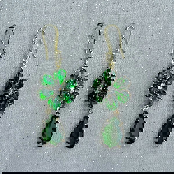 Green crystal drop earrings, gold hook setting, floral cluster design with clear crystal centre, emerald green teardrop gemstone, sparkling statement jewellery, vintage inspired style, elegant accessory for evening wear or gift for her
