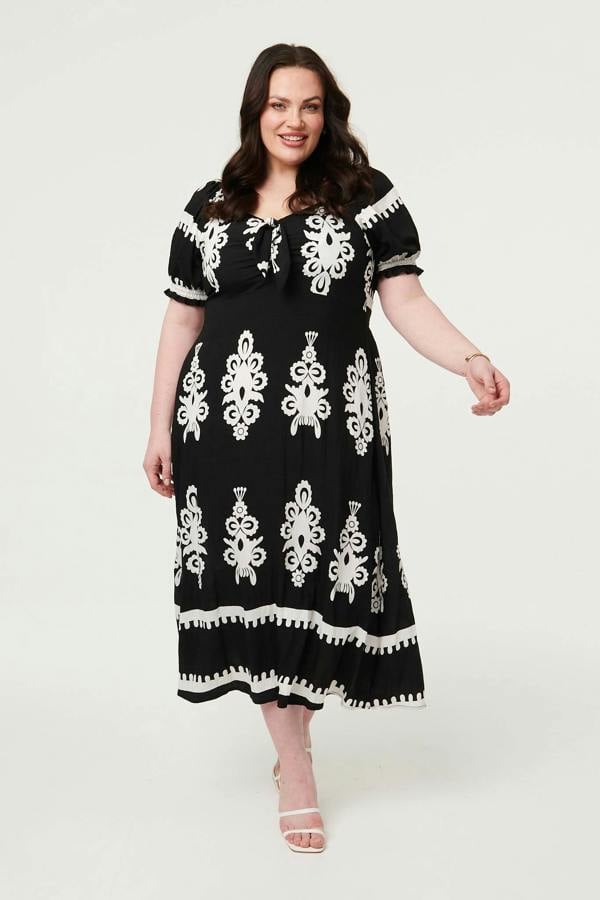 Black | Curve Printed Puff Sleeve Tie Midi Dress