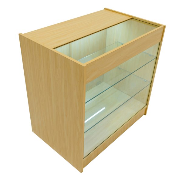 Hera LED Shop Counter Set in maple finish, featuring a glass display top and shelves, ideal for showcasing products elegantly