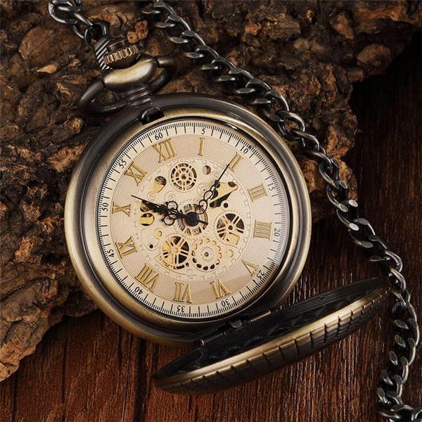 Infinity Leather Antique Gold Wooden Half-Hunter Skeleton Alloy Pocket Watch