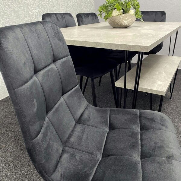 Kosy Koala Grey Dining Table with Hairpin Legs, Bench & 4 Black Velvet Chairs Set for Kitchen & Dining Room
