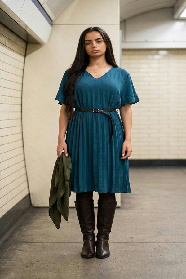 Elidi Short Sleeve Pleated Midi Dress With Waist Belt - Petrol