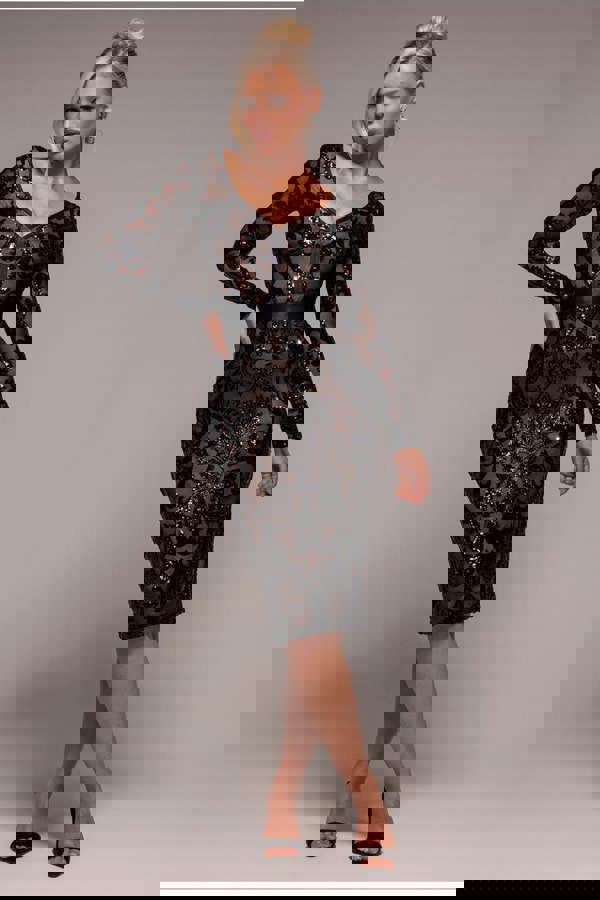 Sequin & Mesh Midi Dress - Black DR3476