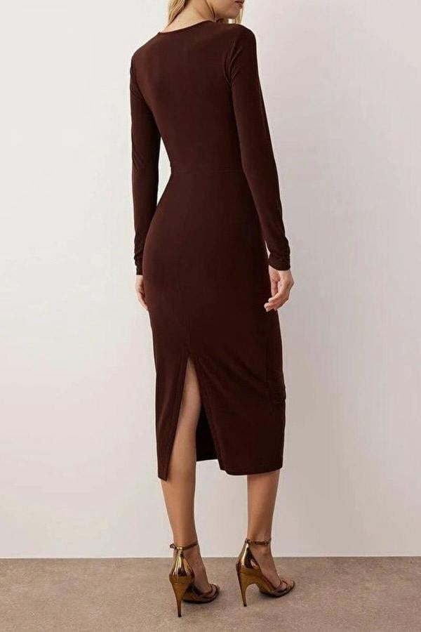 WOVCOR Cut-Out Detail Accessory Embellished Knitted Midi Lined Dress