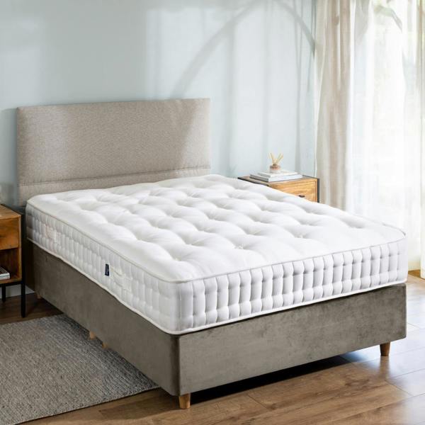 Harrison Spinks Natural 5750 Pocket Spring Mattress styled in a bedroom | Soak and Sleep