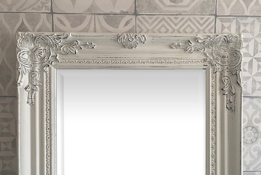 Downton Interiors Antique White Tall Ornate Dressing Wall Mirror with Bevelled Glass 142cm