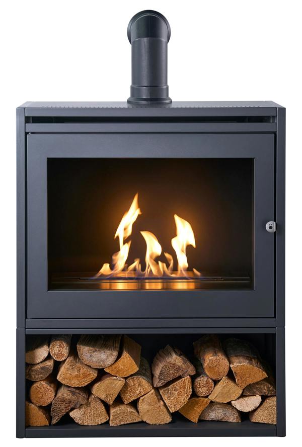 OKO S6 Bio Ethanol Stove with Log Storage in Charcoal Grey with Angled Stove Pipe