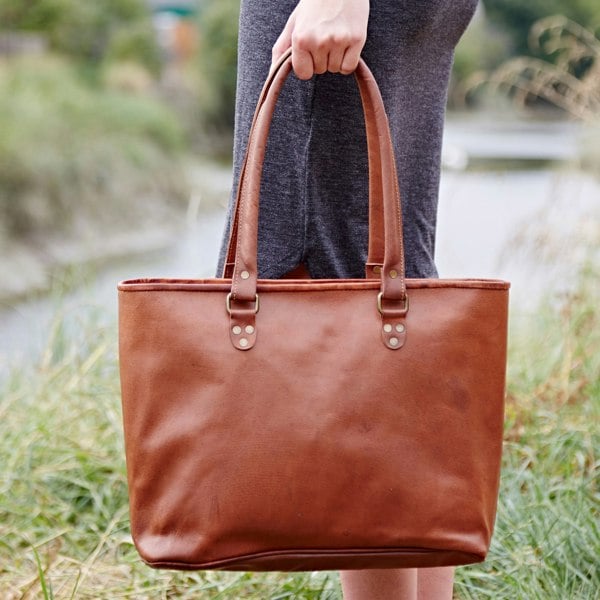 Paper High Brown Leather Zipped Tote Shopping Bag