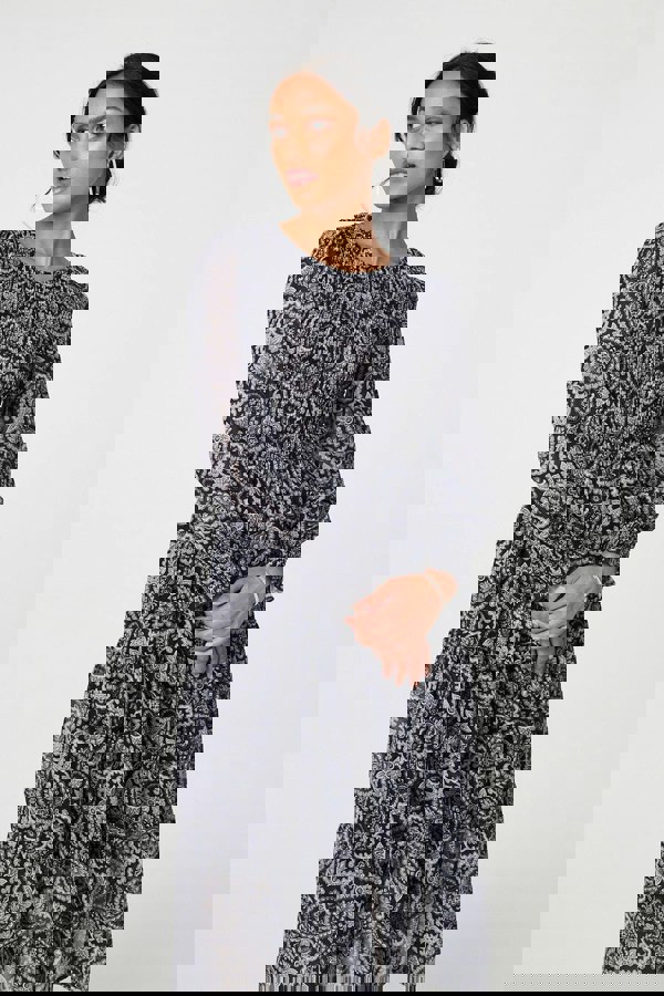 Black | Paisley Long Puff Sleeve Midi Smock Dress
