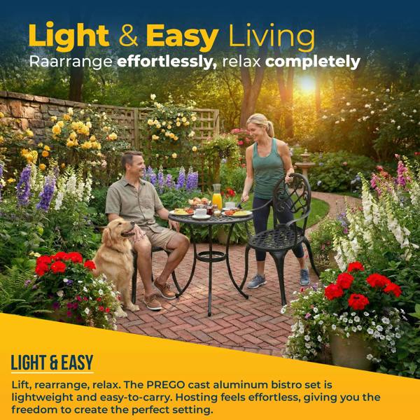 Homeology PREGO Garden and Patio Table and 2 Large Chairs with Armrests Cast Aluminium Bistro Set - Black