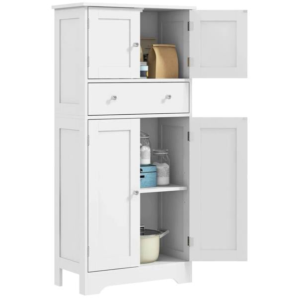 White freestanding kitchen cabinet with open doors and drawers for concealed storage
