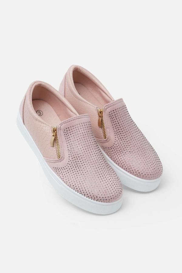 Crystal Suede Zip Pumps Pink Trainers, featuring crystal-embellished