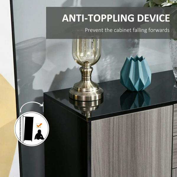 Light grey cabinet corner with open top and drawer, anti-tip hardware detail