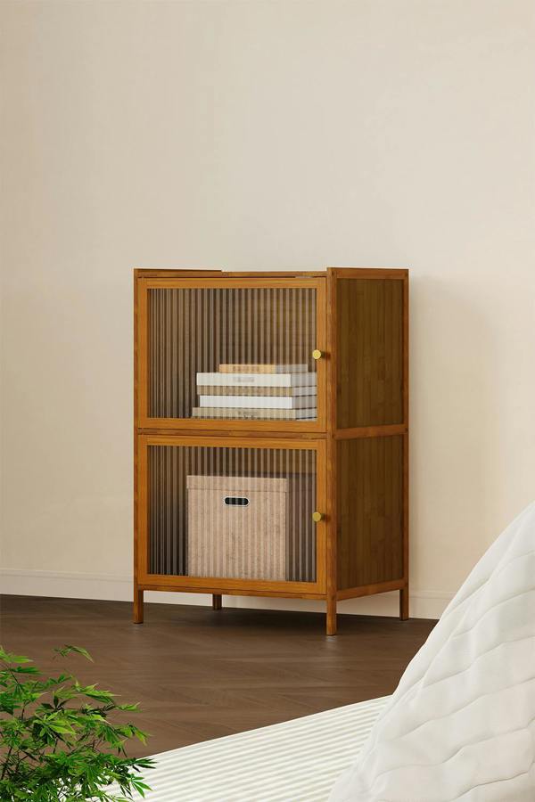 Living and Home Versatile 2-Tier Bamboo Storage Cabinet Bookcase Bookshelf Storage Rack w/ Doors