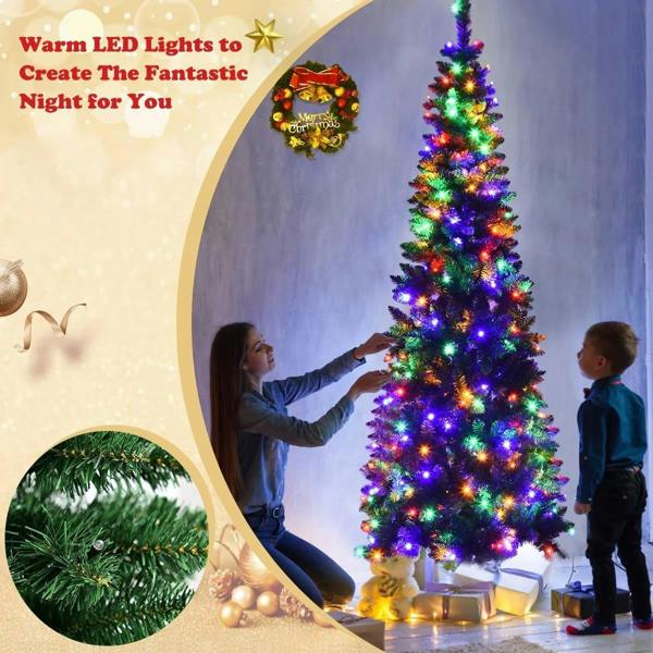 4ft to 8ft Green Pencil Pre-Lit Artificial Christmas Trees with Metal Stand image 4