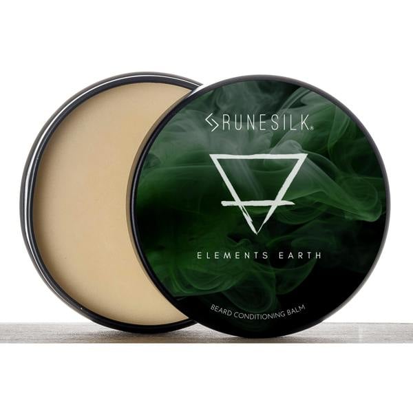 Runesilk Elements Earth beard conditioning balm container with green label and beige lid.