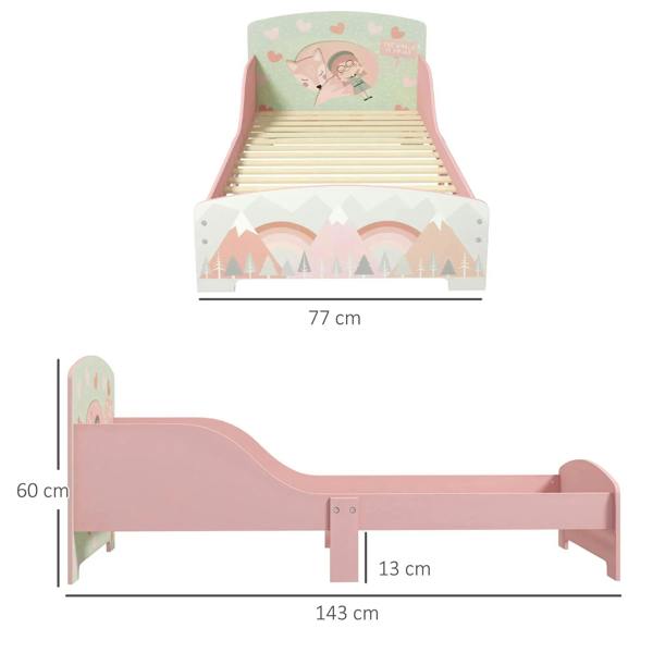 Pink toddler bed frame front and side view with illustrated panels and wooden slat platform