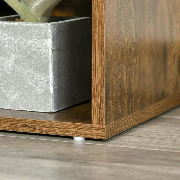 Bottom corner of rustic brown cube bench with gray side panel and level-adjusting feet