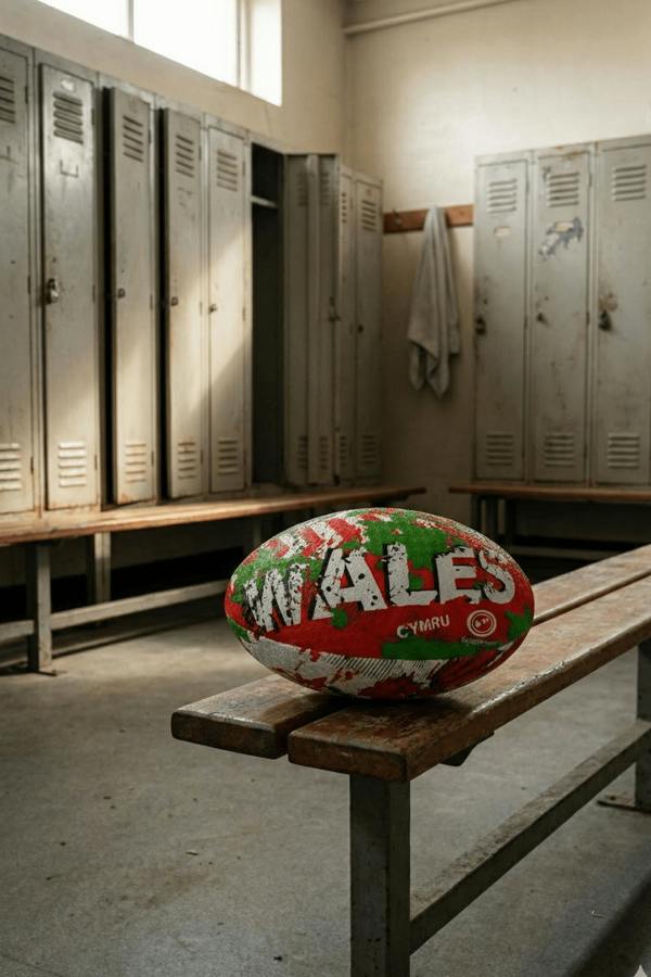 Red, green and white Optimum Wales rugby ball with WALES CYMRU print on a bench by lockers - Optimum