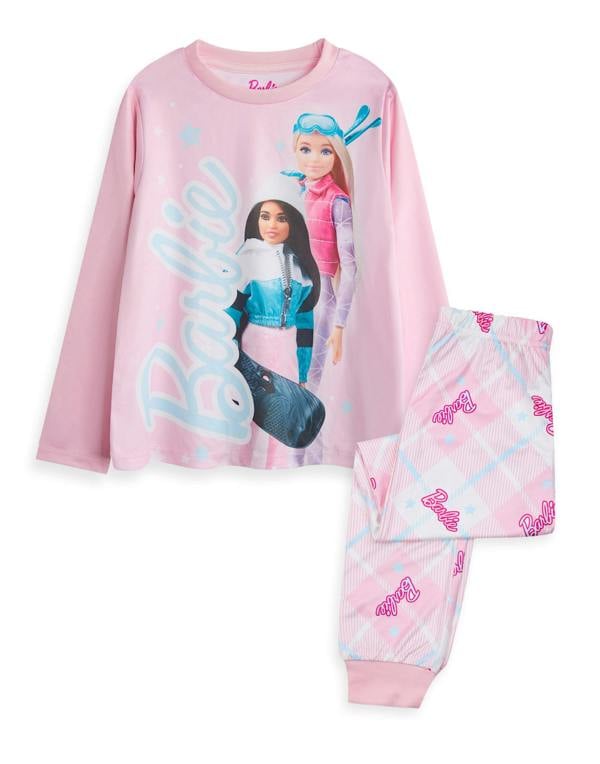 Barbie Girls Pink Front Print Top, Check Bottoms Long Sleeve Long Leg Pyjama Set