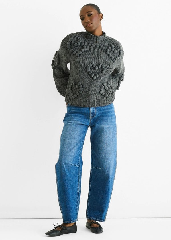 Gini London Dark Grey Heart Bubble Chunky Knit High Neck Jumper