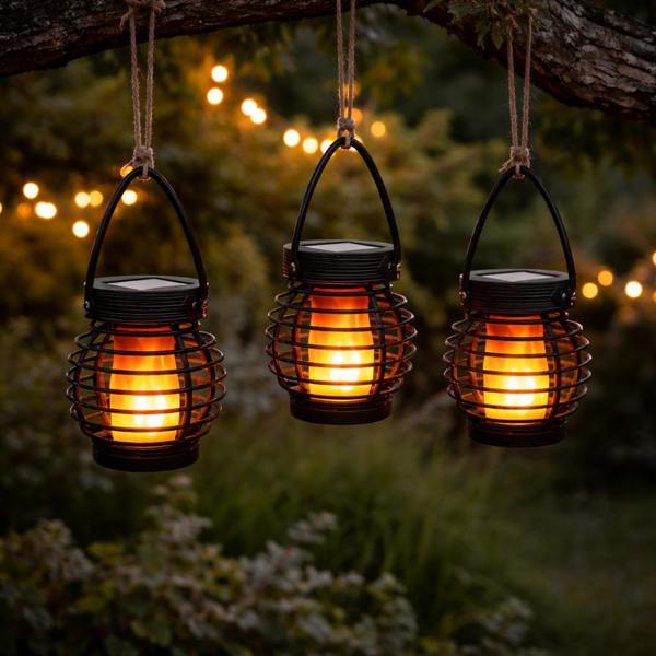 Gardenwize Pack of 3 Solar Hanging Lanterns – Mini Flame Effect LED Lights