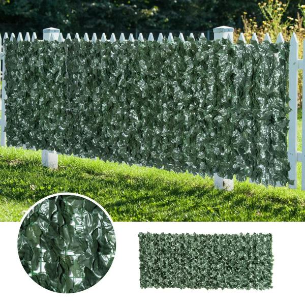 Outdoor artificial leaf hedge privacy fence with dark green leaves and supporting posts