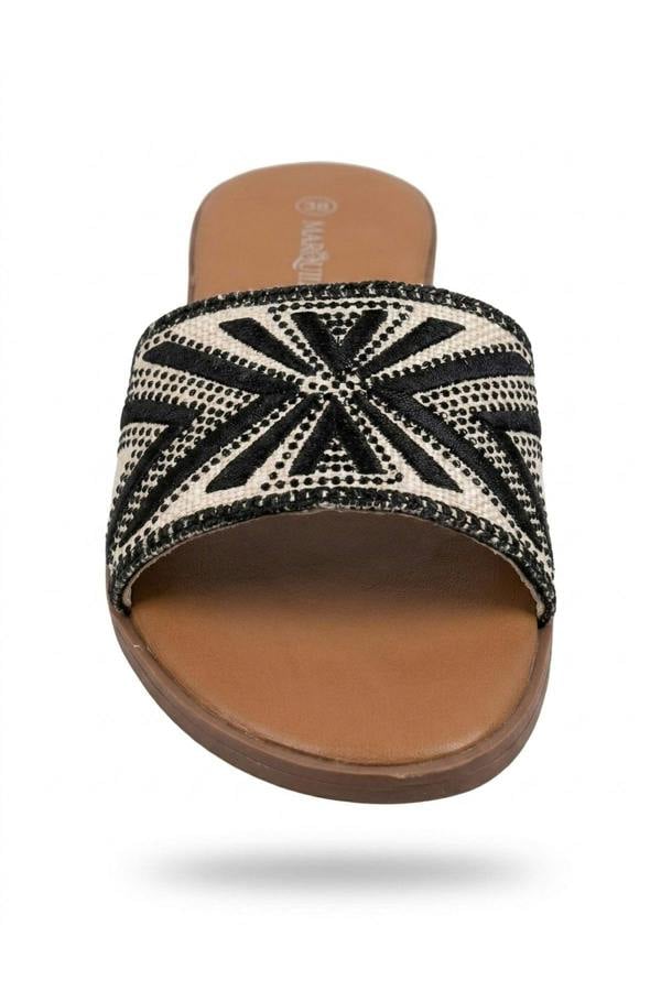 Octavia Geometric Woven Strap Sliders - Black