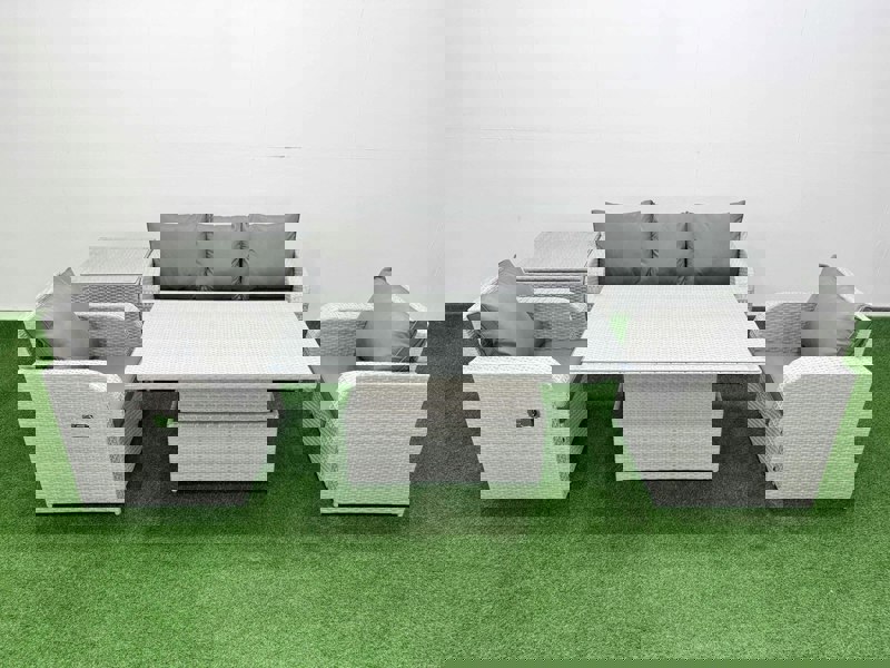 Fimous PE Rattan Garden Furniture Set Reclining Chair Sofa Lounge Sofa Set Adjustable Lifting Dining or Coffee Table Side Table Light Grey