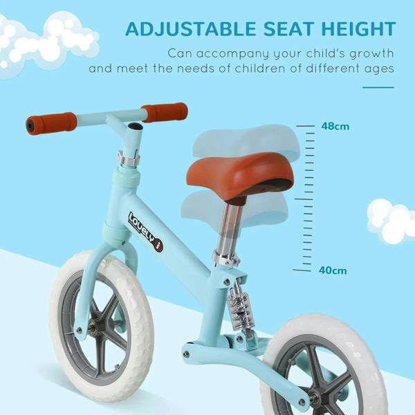 Light blue kids balance bike with adjustable seat height, orange grips, and white EVA wheels