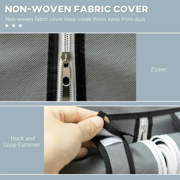 Light grey fabric wardrobe cover close-up with zipper and non-woven fabric panel.