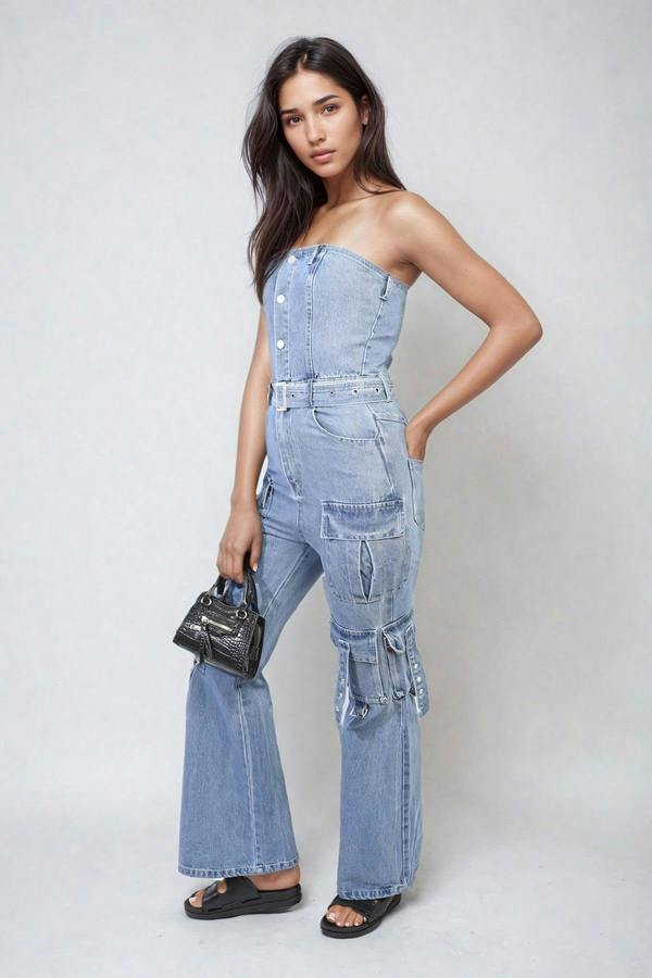 Giselle Multi Pockets Strapless Cargo Jumpsuit - Blue