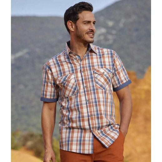 Atlas For Men Mens Checked Poplin Shirt - Ecru/Brick Red/Blue